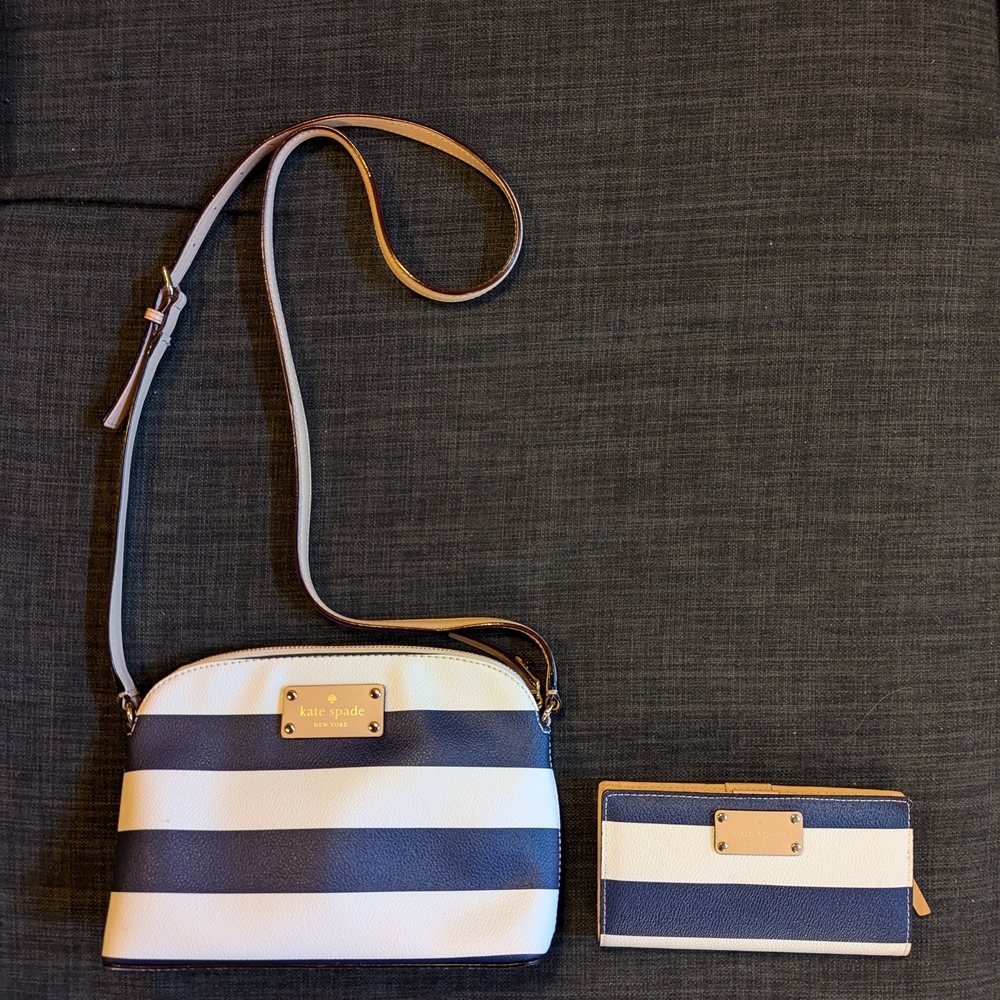 Matching Blue and White Striped Kate Spade Crossbody Purse and Wallet